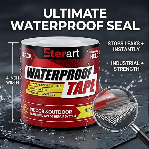 Waterproof Tape Black 4 Inch x 10 FT - Heavy Duty Rubberized Seal Repair for Active Leaks - Fix Roofs, Underwater Pool Liners & Pipes - All-Weather Emergency Patch Tool for Homeowners & Campers