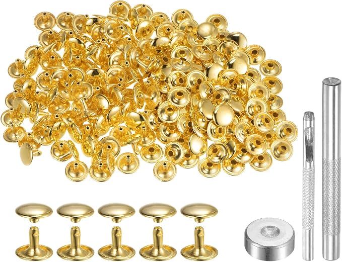 HARFINGTON 100 Sets Leather Rivets 10 x 12mm Metal Double Cap Rivet Snaps Studs Fasteners with 3pcs Setting Tools Rivets for Leather Craft DIY Repair Decoration, Gold Tone