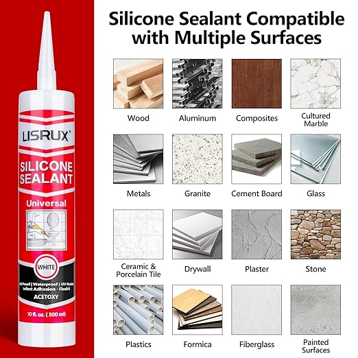 LISRUX Supreme Silicone Caulk for Kitchen & Bathroom, White, 10 fl oz Cartridge, 24 Pack - 100% Waterproof Silicone Sealant, Stronger Adhesion, Shrink & Crack Proof