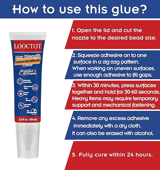 Max Strength Clear Construction Adhesive, 2.8 fl oz Integrated Squeeze Tube, Versatile Cement for Tile,Floor,Stone,Wood,Wall & More,Works Under Water