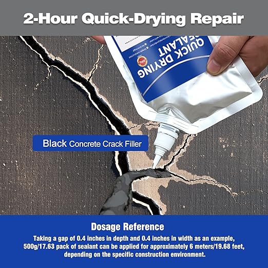 Concrete Crack Filler and Sealant, Quick Drying High Elasticity Cement Crack Filler, Waterproof Repair, Self-Leveling Concrete Slab Repair for Driveway, Patio (Black, 35.27 OZ)