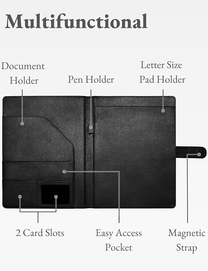 Mymazn Padfolio, Portfolio Folder, Legal Pad Holder, Resume Folder | Faux Leather Binder with Document Organizer, Business Card Holder, Letter-Size Notepad for Interview, Men & Women, Black