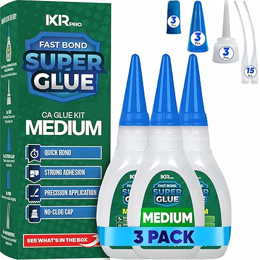 CA Glue Medium Viscosity Kit (3x1.75 oz.) Cyanoacrylate Glue, Super Glue for Everyday Repairs, Woodworking, Plastic, Ceramic, and DIY Crafts, Quick-Drying Multi-Purpose Adhesive with Easy Application