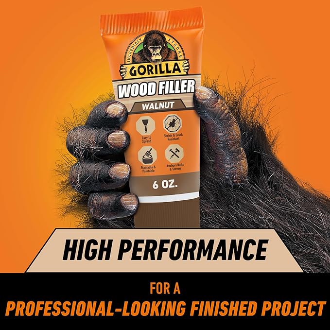 Gorilla All Purpose Wood Filler, Walnut Color, 6 Ounce Tube (Pack of 6) - Water Resistant for Indoor or Outdoor Projects and Repairs