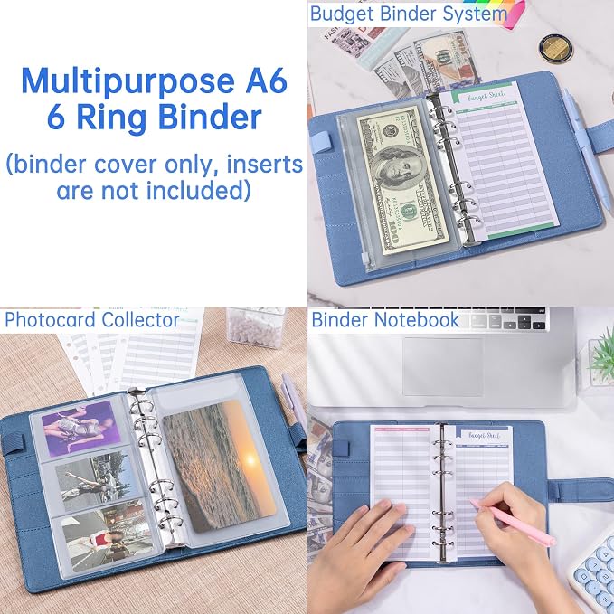 Antner A6 Notebook Binder Refillable 6 Ring Budget Binder Cover for A6 Refill Paper, PU Leather Budget Planner Organizer with Magnetic Buckle, Loose Leaf Personal Planner, Glitter Blue