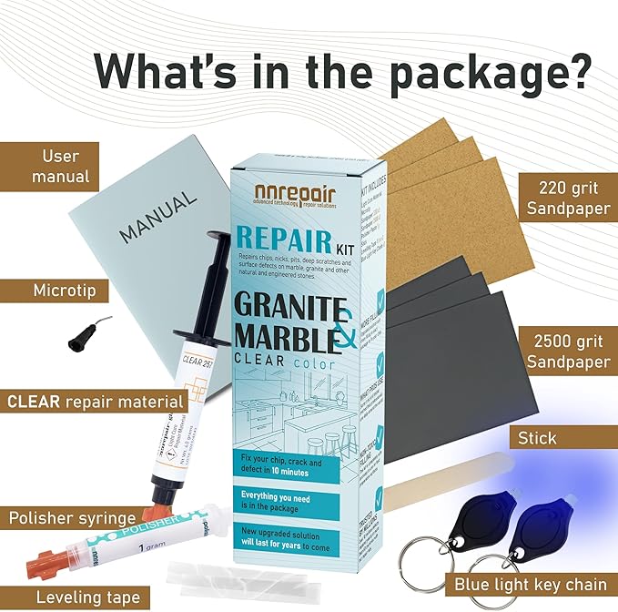 NNREPAIR Granite Repair Kit (Clear/Transparent) I Suitable for Most Repairs I Also for Tile, Countertop, Fiberglass, Porcelain & Ceramic Surfaces I Fix Broken Chips & Cracks in Minutes