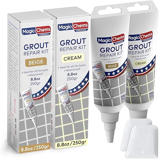 Tile Grout Repair, Beige and Cream 8.8 oz/250gr. Fast Drying Grout Repair Kit, Grout Filler Tube Repair Kit, Tile Grout Paint, Grout Sealer Restore and Renew Bathroom Floor, Tile Gaps, Joints, Lines