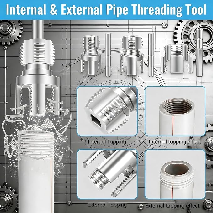 3 PCS Integrated PVC Pipe Threading Tool, Premium Carbon Steel Dual-Function Internal & External Pipe Threader for 1/2", 3/4", 1" Sizes PVC Pipes Suit for All Electric Drills (1/2"+3/4"+1")