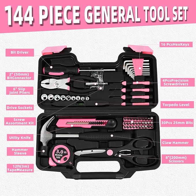 144-Piece Pink Tool Kit Basic Home Repair Tool Set General Household Hand Tool Kit Small Tool Kit with Plastic Toolbox basic home tool kit for Women, Office & College Repairs