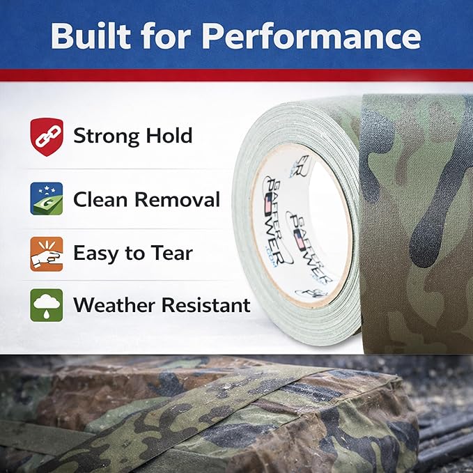 Gaffer Power Muted Army Green Camo Gaffer Tape – Professional Grade, Made in USA, Non-Reflective Matte Cloth Tape, Heavy Duty, Easy Tear, Residue-Free – 2 Inch x 25 Yards