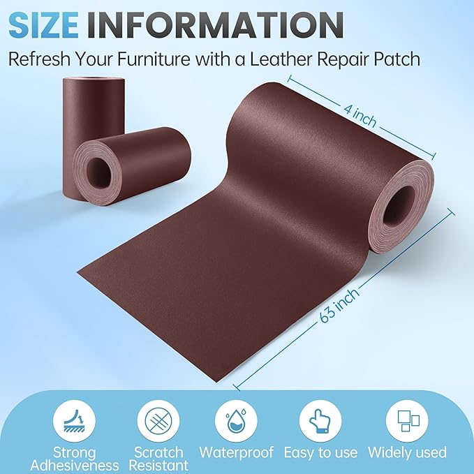Leather Repair Patch Tape Kit, 4" x 63" Self Adhesive Leather Repair Patch for Furniture, Vinyl Leather Repair Kit for Car Seat, Chairs, Couch, Sofa, Boat Smooth Darkbrown