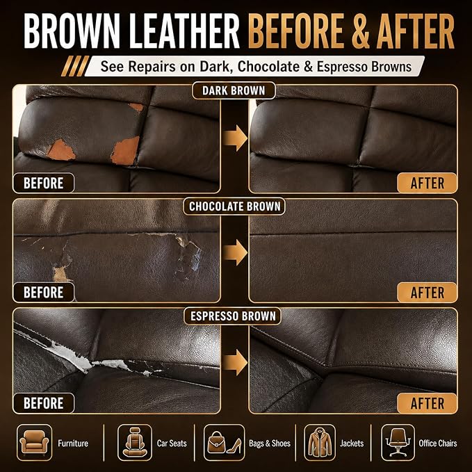 ARCSSAL Brown Leather & Vinyl Repair Kit with 10-Color Matching, DIY Couch & Car Seat Repair, Restore Scratches Tears & Cracks on Genuine Faux Bonded Leather Sofa Furniture