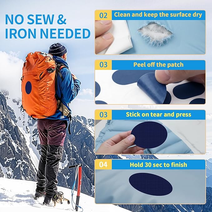 Waterproof Self-Adhesive Nylon Patches for Tent Repair Kit, 24pcs Outdoor Gear Tenacious Repair Tape, Fabric Patches for Clothes, Down Puffer Jacket, Tent, Sleeping Bag, Backpack, Navy Blue