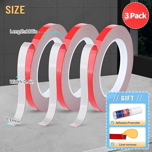 PHIXBEAR 3 Pack Super Strong Adhesion - Heavy Duty Double Sided Tape, Waterproof Multipurpose Mounting Tape for Indoor & Outdoor Use, Automotive Wall Foam Adhesive (0.4in×45ft)