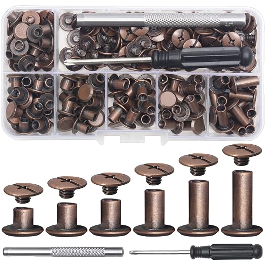 YORANYO 110Sets Chicago Screws Leather Rivets Assorted Screw Rivets Chicago Binding Screws for Decorate and Repair Leather Craft Belt Bag Shoes Purse Bookbinding (Antique Copper, M5*4,5,6,8,10,12)
