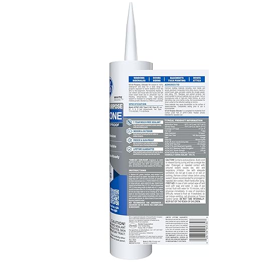 GE All Purpose Silicone Caulk, White, 10.1 fl oz Cartridge, 1 Pack - 100% Waterproof Silicone Sealant, Stronger Adhesion, Freeze & Sun Proof