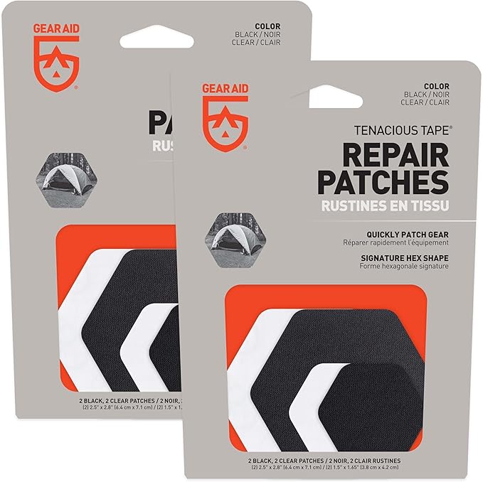 GEAR AID Tenacious Tape Hex – 2.5” & 1.5” Repair Patches (8 Patches: Four 2.5” & Four 1.5”, Clear/Black) – Peel-and-Stick Outdoor Nylon Fabric Patches for Down Jackets, Rain Gear & Tents