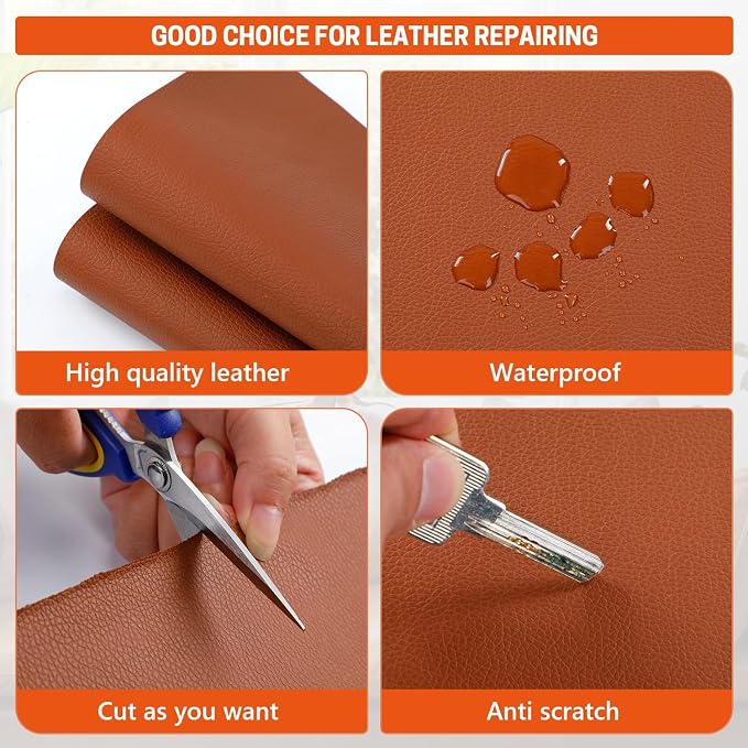 16" x 79" Leather Repair Patch Tape, Self-Adhesive Faux Leather Roll for Furniture, Waterproof Vinyl Upholstery Repair for Car Seats, Couches, Chairs and Jackets (5 Colors Availabl (Light Brown)