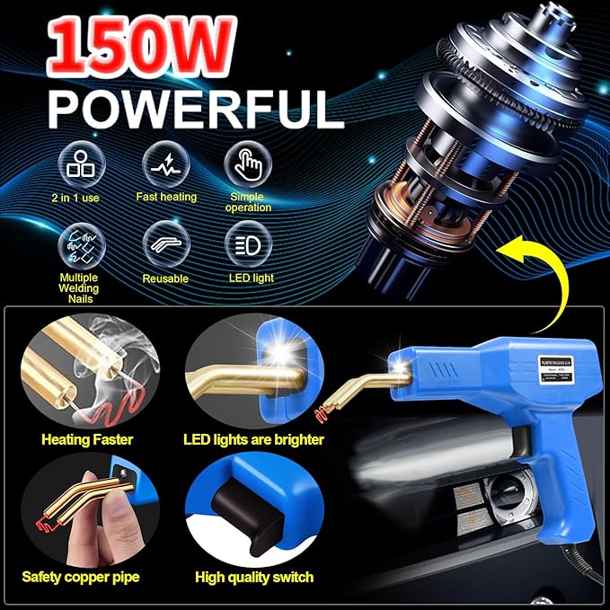 150W Upgraded Plastic Welder Kit,1000PCS Hot Stapler Welding Machine Car Bumper Repair Kit,2 in 1 Plastic Welder Soldering Gun with Weld Rods,6 Types Staples for Bumper/Kayak/Product Repairs