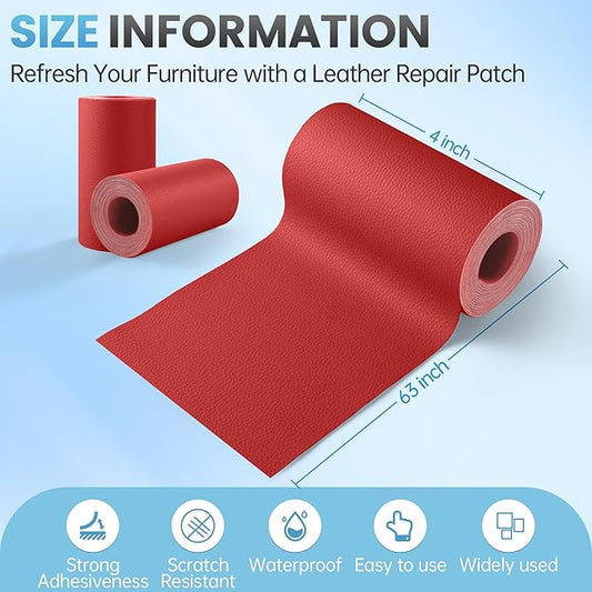 Leather Repair Patch Tape Kit, 4" x 63" Self Adhesive Leather Repair Patch for Furniture, Vinyl Leather Repair Kit for Car Seat, Chairs, Couch, Sofa, Boat Red