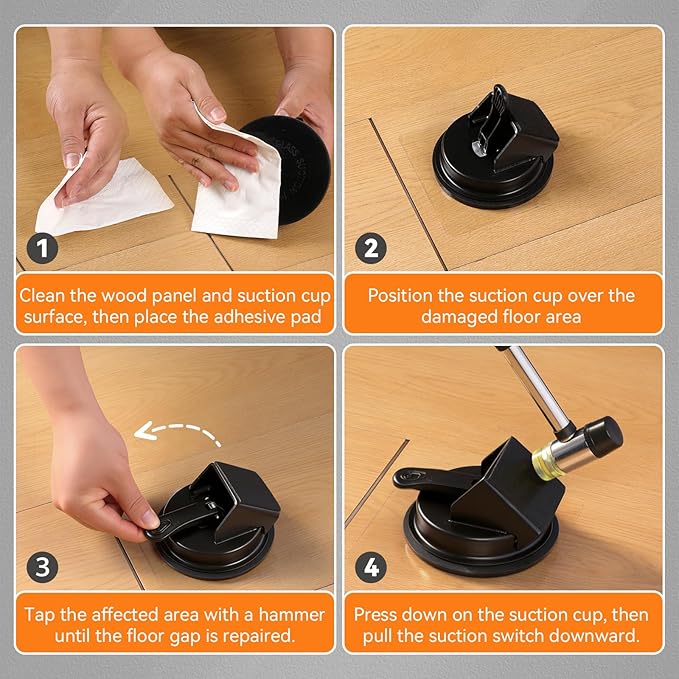 Floor Gap Fixer Tool Kit with Hammer & 5 Reusable Pads | 45° Strike Angle Design for Easy DIY Installation | 4.9" Super Strong Suction Silicone Cup for Laminate, Vinyl, Wood Floor Repair