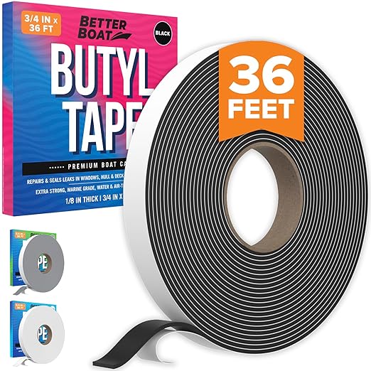 Better Boat Butyl Tape for RV Roof and Boat, 36 Feet Black Putty Window Sealant Tape, Waterproof Weather Resistant, 3/4 Inch Wide x 1/8 Inch Thick