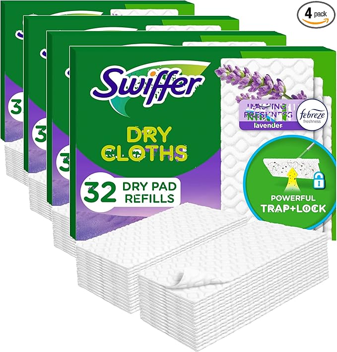 Swiffer Sweeper Dry Sweeping Pad,Multi Surface Refills for Dusters Floor Mop,with Febreze Lavender,32 Count (Pack of 4)