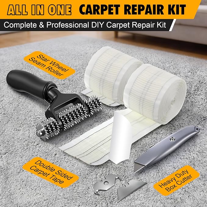 Dreyoo Upgraded Carpet Repair Kit with 5" Star Wheel Seam Roller, 4" x 60ft Carpet Seam Tape & Heavy Duty PVC Pipe Cutter, Heatless Carpets Patching Tools for DIY Home/Office Floor Maintenance