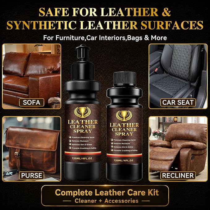 Leather Cleaner and Conditioner Kit, 5-Piece Leather Care Kit with Cleaner Spray, Conditioner, Microfiber Cloth, Sponge & Spray Nozzle, Leather Cleaner for Couches, Car Seats, Furniture, Bags