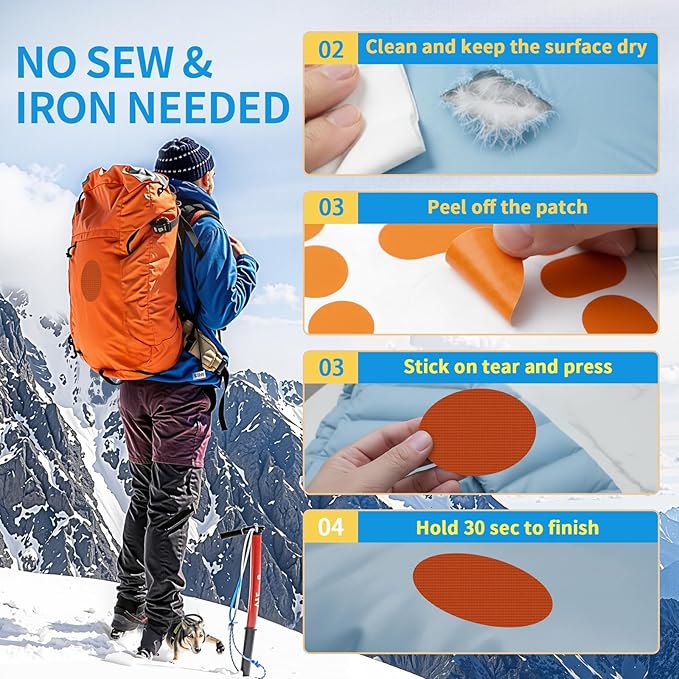 Waterproof Nylon Fabric Repair Tape Tent Repair Kit, 4pcs Outdoor Gear Tenacious Fix Tape, Self-Adhesive Fabric Patches for Clothes, Down Puffer Jacket, Tent, Sleeping Bag, Backpack, Orange