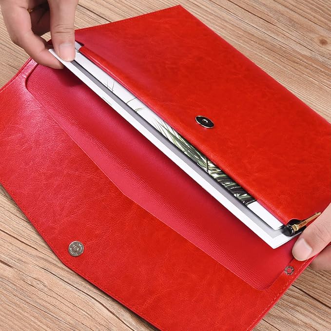 PU Leather A4 File Folder Document Holder Envelope Folder Case with Snap Closure for Receipt Contract Red