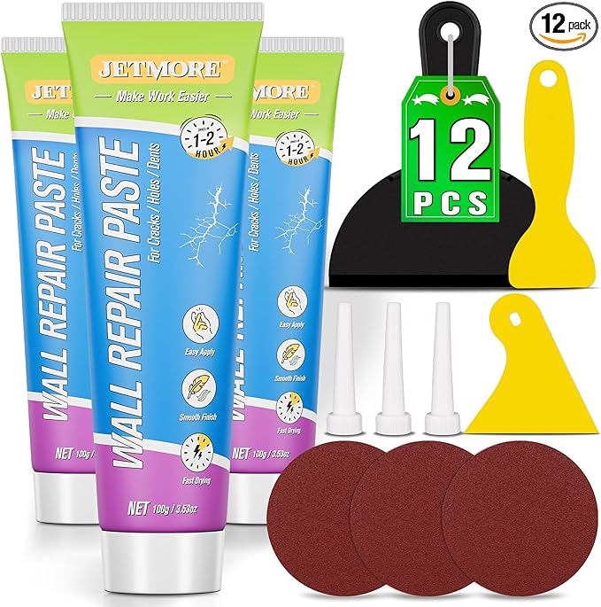 Jetmore 12 Pcs Drywall Repair Kit, 3 × 3.5 oz (100g Each) Spackle, Wall Repair Paste, Wall Putty, Wall Hole Filler with Putty Knife & Sanding Pad for Nail Holes, Cracks, Dents, Wall Mending Agent