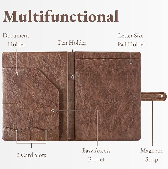 Mymazn Padfolio, Portfolio Folder, Legal Pad Holder, Resume Folder | Faux Leather Binder with Document Organizer, Business Card Holder, Letter-Size Notepad for Interview, Men & Women, Coffee