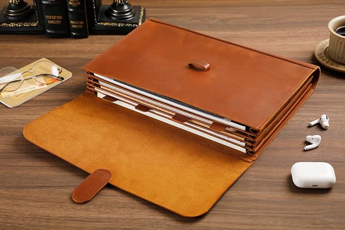 Genuine Leather File Folder, Accordian File Organizer, Leather Document Holder Resume Folio for Men & Women-Brown-Custom