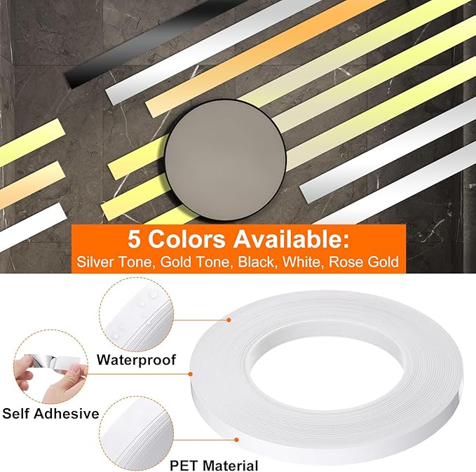 HARFINGTON 2Pcs Floor Tiles White Foil Lines Metallic Mirror Tape 0.39" x164 Ft Self Adhesive Decor Floor Wall Seam Sticker Waterproof Gap Sealing Tape for Kitchen Bathroom Cabinet