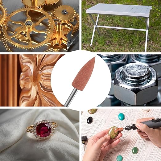 M METERXITY 10-Pack Polishing Bit Buffing Wheel, 0.23 Inch(6mm) Dia Silicone Pointed Polishing Kit Sanding Bits for Jewelry/Bone Products/Jade Carvings, Rotary Tool 80 Grits [Brown]