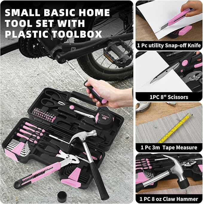 58-Piece Pink Home Tool Set | Basic Household Hand Kit for Women Girls Ladies | All Purpose Small Tool Kit with Storage Toolbox for Home Repair DIY