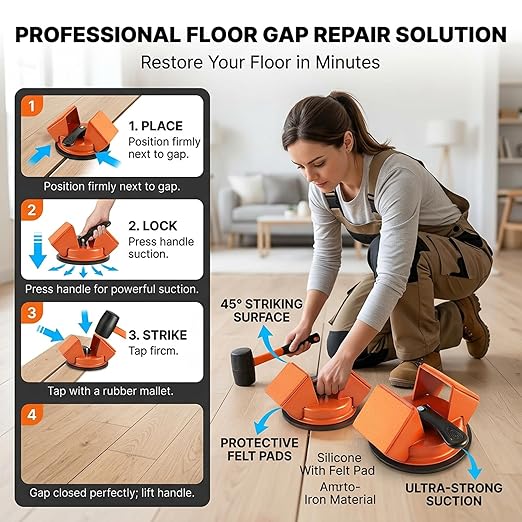 Heavy Duty Floor Gap Fixer Tool 45°Striking Surface Floor Gap Repair Tool, Large Enhanced Suction Cup Made of Iron with Slot Cutter & 6 Reusable Sticky Pads for Vinyl Plank Hardwood Floor