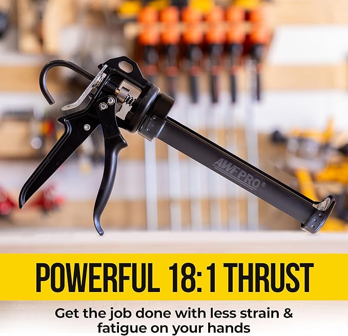 AWF PRO Heavy Duty Caulk Gun, 18:1 Thrust Ratio, Steel Frame Construction, Rotating Barrel, Ladder Hook, Puncture Tool & No Drip Pressure Release Tab, 29 oz Caulking Gun