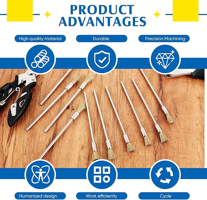 Lounsweer 10 Pcs Wire Brush Extended Cleaning End Brushes Pen Wire Scrub 3 mm Mandrel Rust Paint Removal Bits Polishing Rotary Tool Accessories, 6 mm End Scrub(Copper)