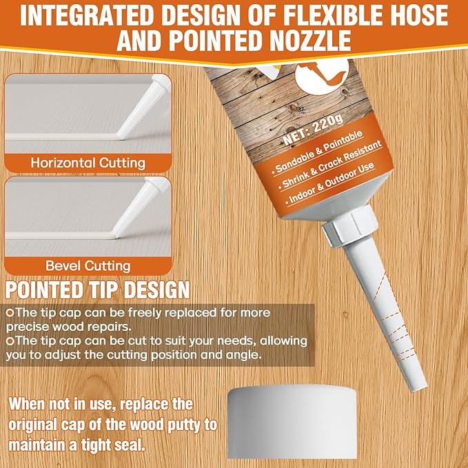 Wood Filler, 7.76 oz Paintable & Sandable Wood Putty –Low Odor, Shrink & Crack Resistant-Quick Repair for Cracks, Holes and Damage-For Indoor & Outdoor Wood Repair(White)