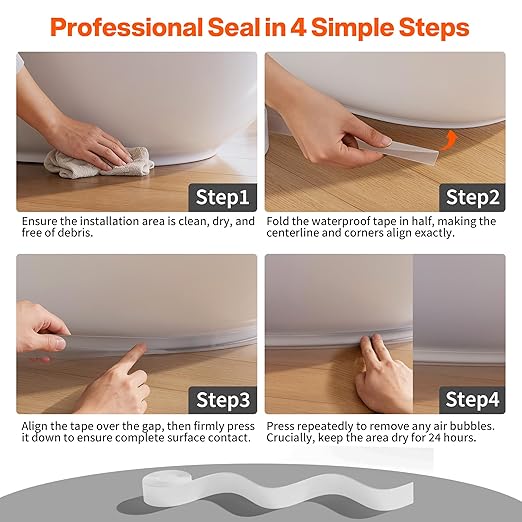 Dstorelhp 2 Rolls Clear Caulk Tape Waterproof Self Adhesive, Bathroom Peel and Stick Caulking Tape for Toilet Tub Shower Wall Trim, Easy to Install (1.5" x 10.5Ft)