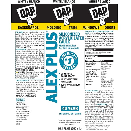 DAP Alex Plus Acrylic Latex Caulk, White, 10.1 Oz (7079818152) (Pack of 12)