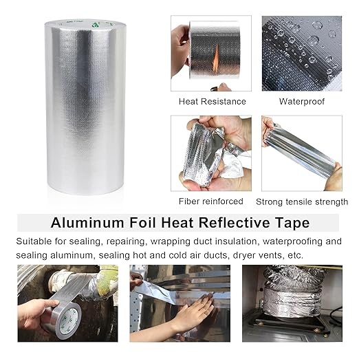 BOMEI PACK Adhesive Aluminum Foil Heat Shield Tape 9inch x 66ft Barrier Fiberglass Thermal Insulation Reflective Material High Temp Protectionn,1 Pack