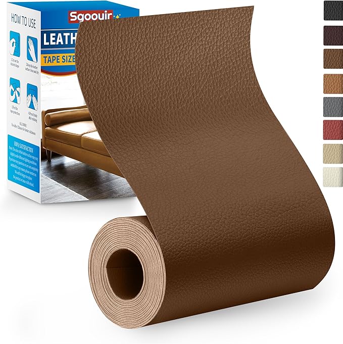 Leather Repair Patch Tape Kit, 4" x 63" Self Adhesive Leather Repair Patch for Furniture, Vinyl Leather Repair Kit for Car Seat, Chairs, Couch, Sofa, Boat Caramel Brown