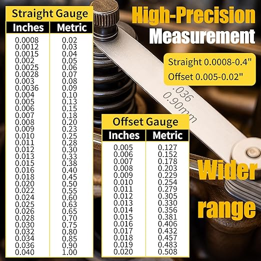 2pcs Feeler Gauges Set Stainless Steel, 32 Straight & 16 Angled Blades, Dual Marked SAE/Metric Wider Range Spark Plug Gap Tool, Filler Gauges Kit for Valves, Automotive, Piston, Guitar