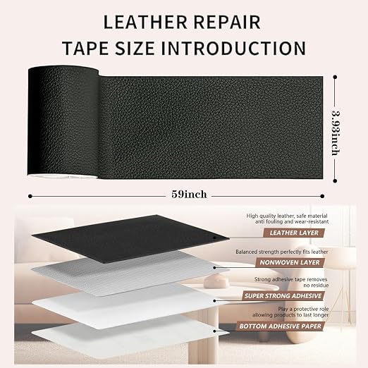 Self Adhesive Leather Repair Patch, 4 x 60 inch Leather Repair Tape, Leather Patches for Furniture, Car Seat,Vinyl Leather Repair Kit for Office Chairs, Couch, Sofa, Luggage (Black)