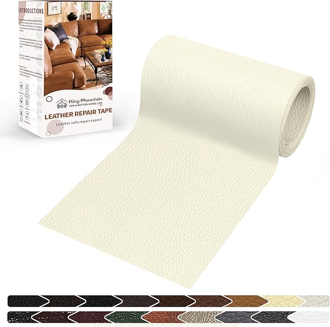 KING MOUNTAIN Leather Repair Patch,4 x 63 Inches self Adhesive Leather Repair Tape for Damaged Leather Furniture, Sofa Seating,Car Seats, Leather Goods(Beige White)