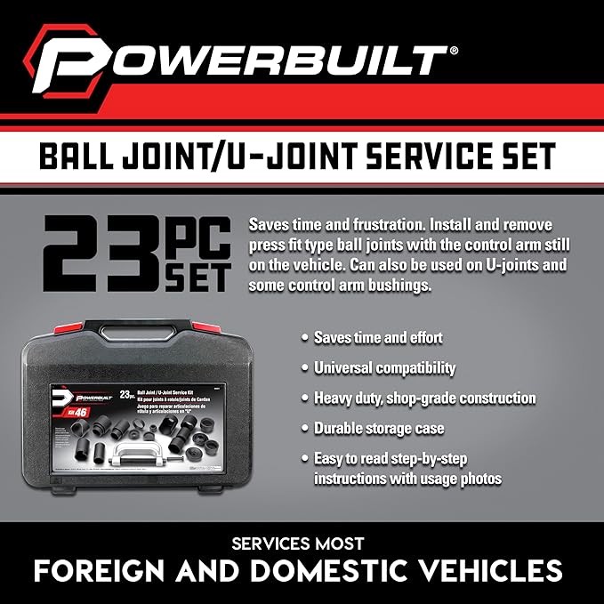 Powerbuilt Ball and U Joint Service Set, 23 Piece Tool Kit, Remove and Install Ball Joints, Receiving Tube, Adapters, Sockets - 648617