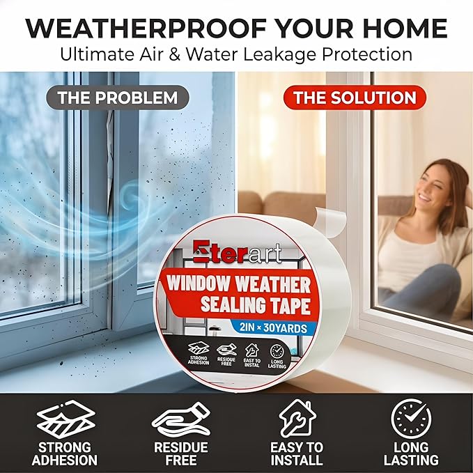 ETERART Transparent Weatherproof Seal Tape 2" x30Yds - Heavy Duty Waterproof Adhesive for Winter Drafts & Rain Leaks, No-Residue Weather Stripping for RVs, Windows, Doors & Renters